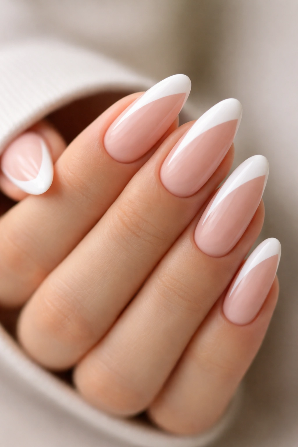 Almond nails with side-swept French tip on pale pink base