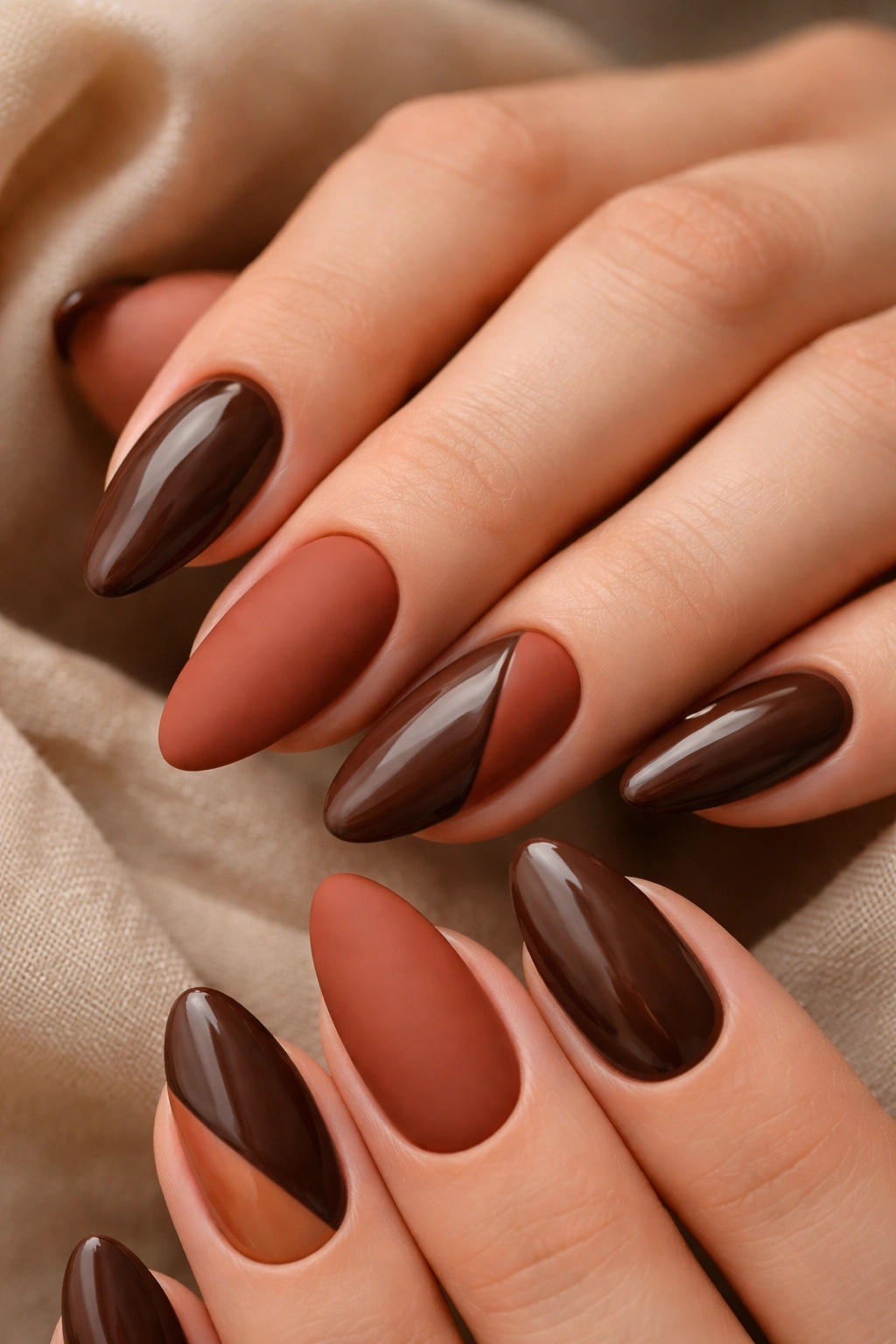 Terracotta and cocoa almond nails with warm contrasting finishes