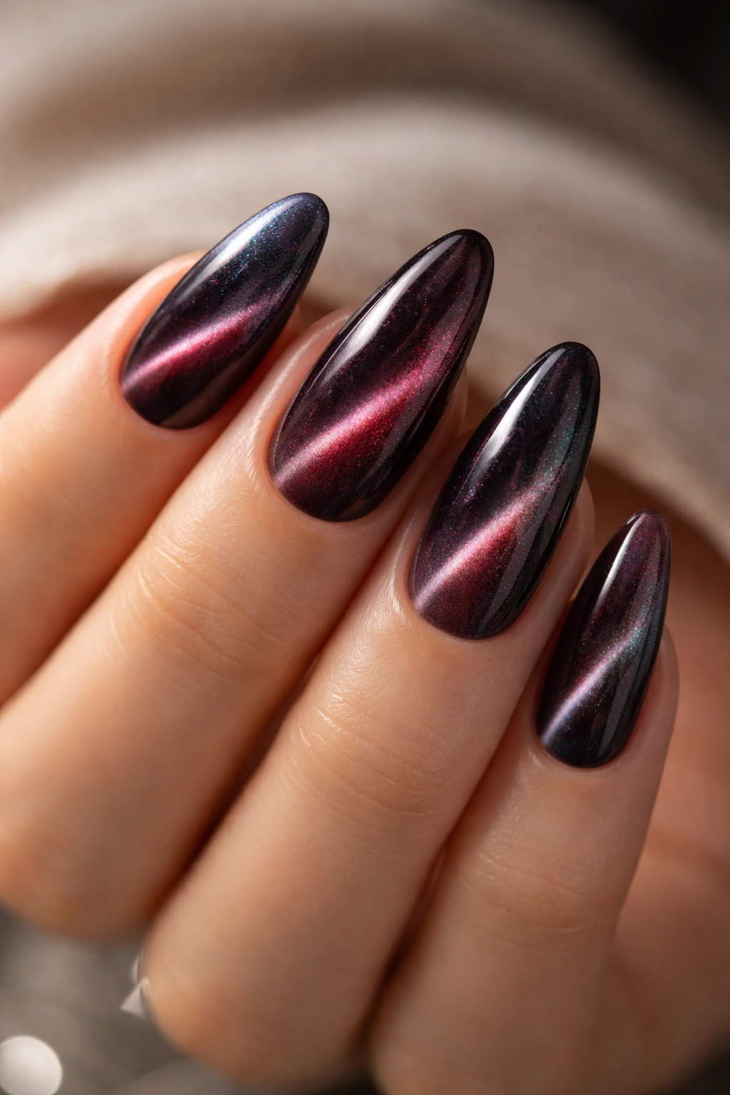 Almond nails with velvet cat-eye shimmer in deep tones