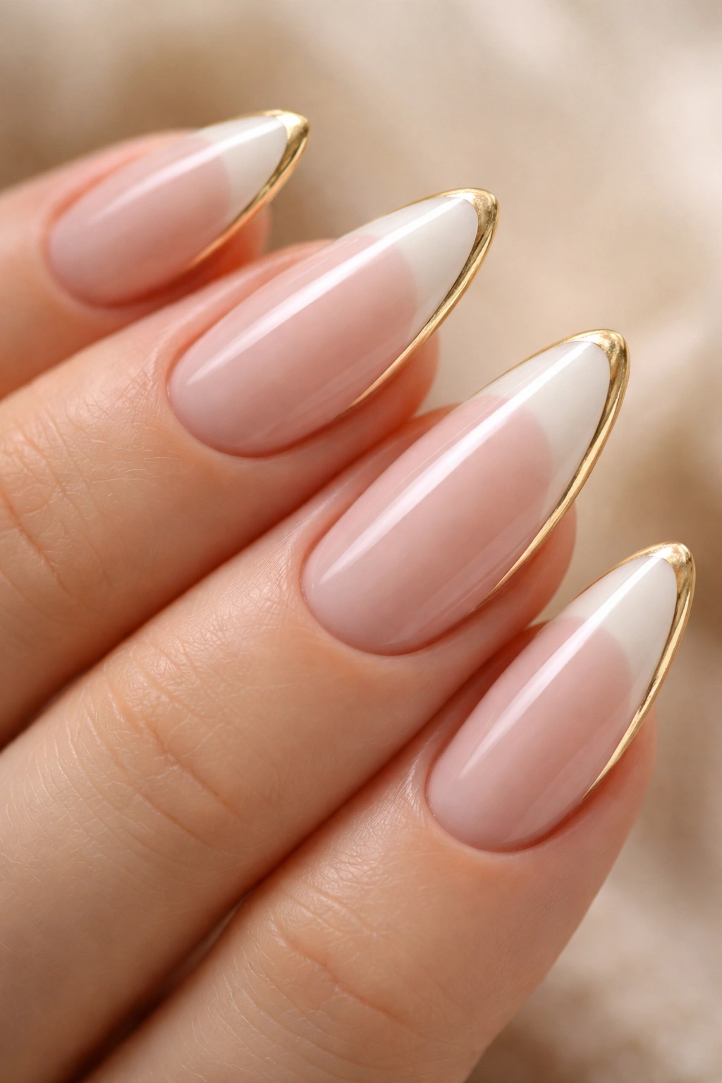 Close-up of soft white almond nails with a gold outline