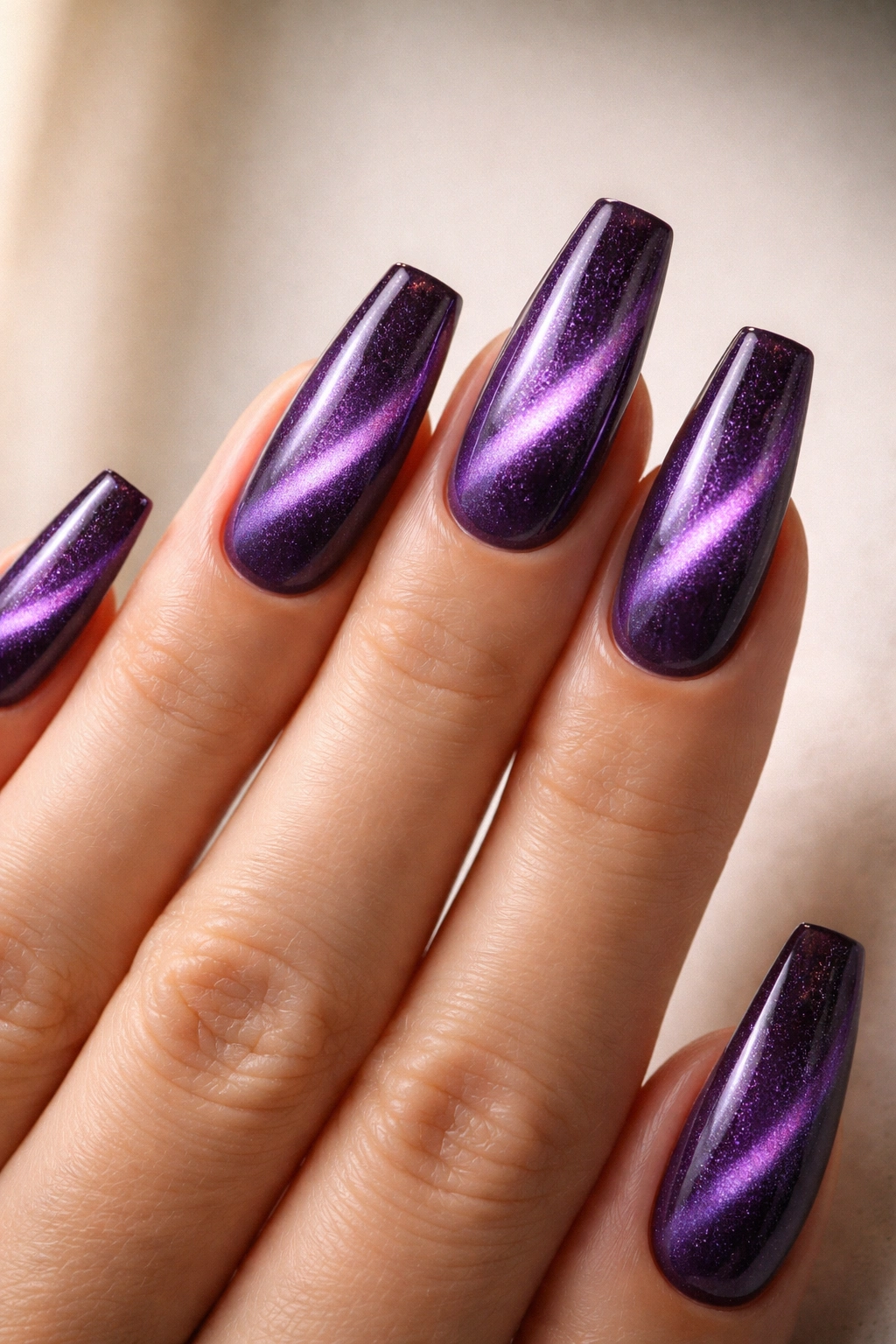 Close-up of amethyst cat eye nails with diagonal sweep.