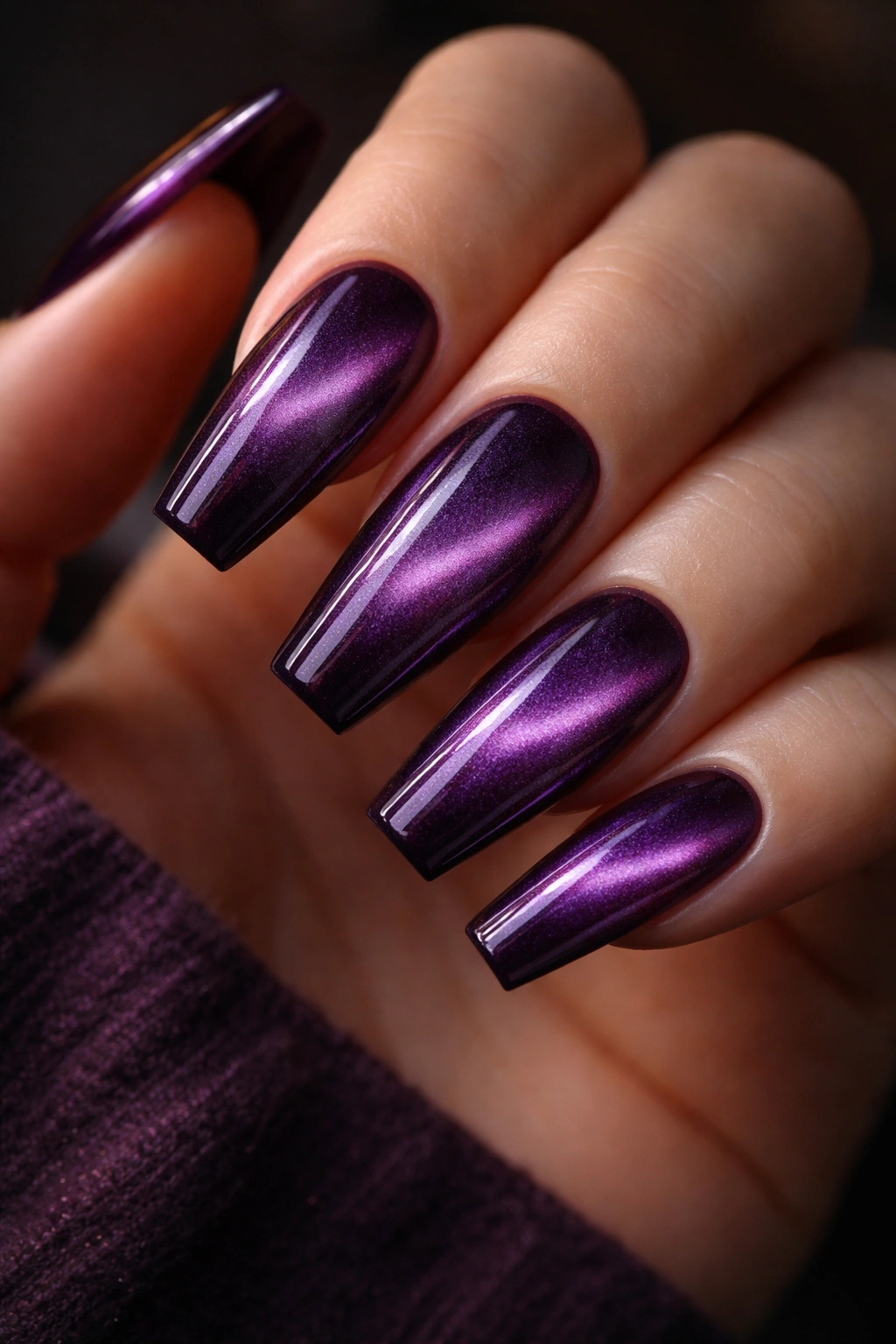 Coffin nails with amethyst magnetic cat-eye effect