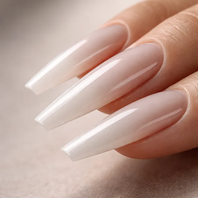 12 Milky White Coffin Nails for Long Nails