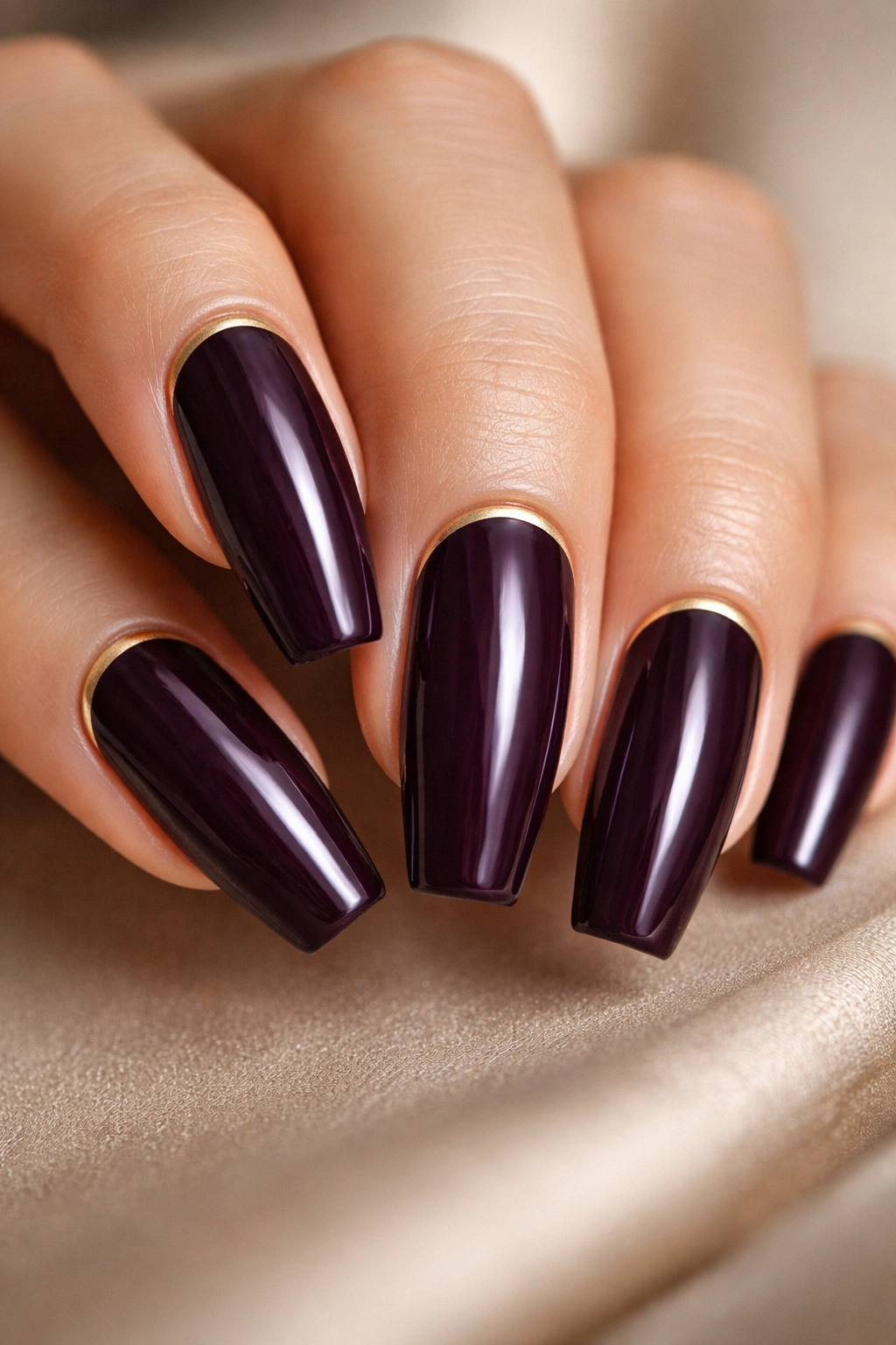 Close-up of aubergine coffin nails with a tiny gold cuticle arc
