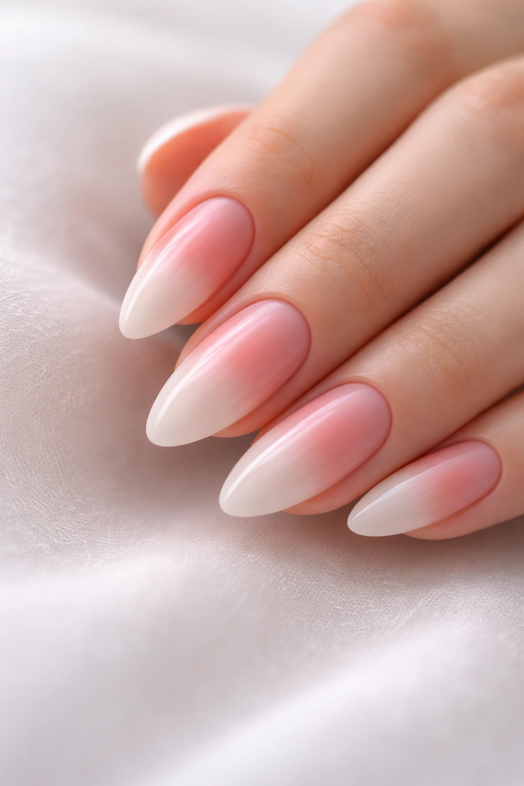 Almond nails with a soft aura blush ombre, milky base fading to rose center