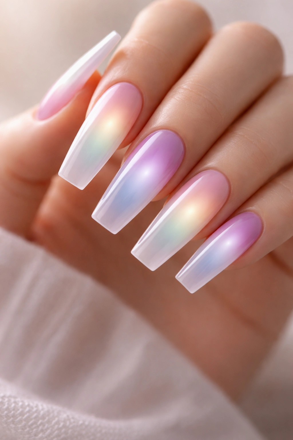 Close-up of long coffin nails with a blended center glow in soft pink-peach tones