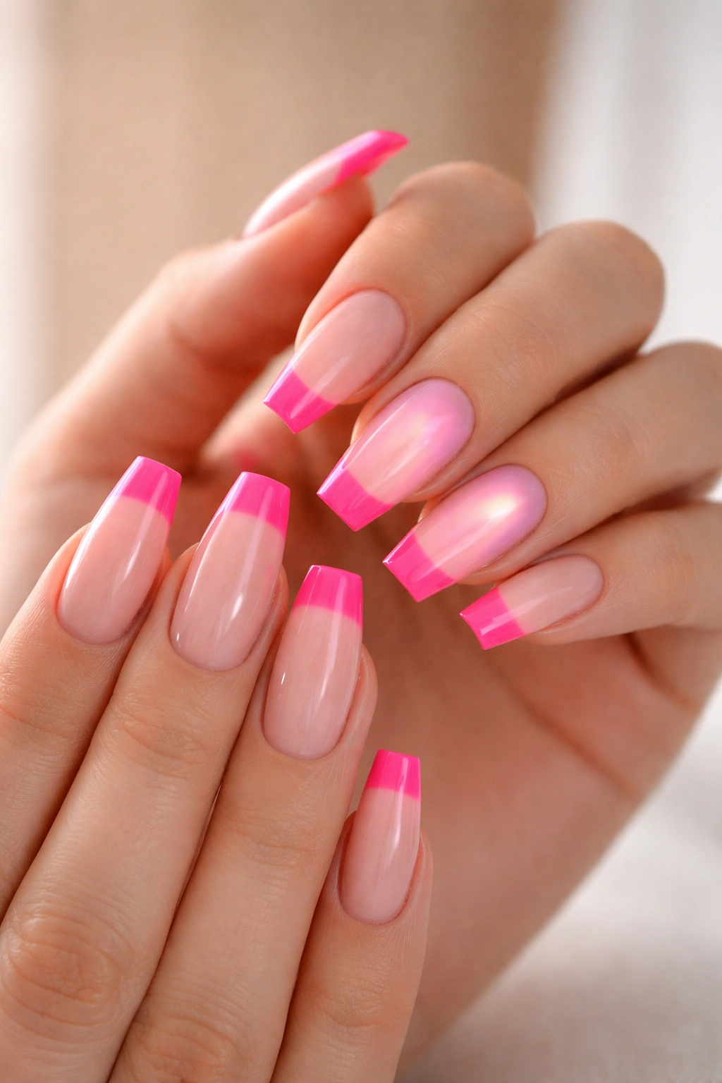 Hands showing eight nails with French tips and aura-glow accents on ring fingers