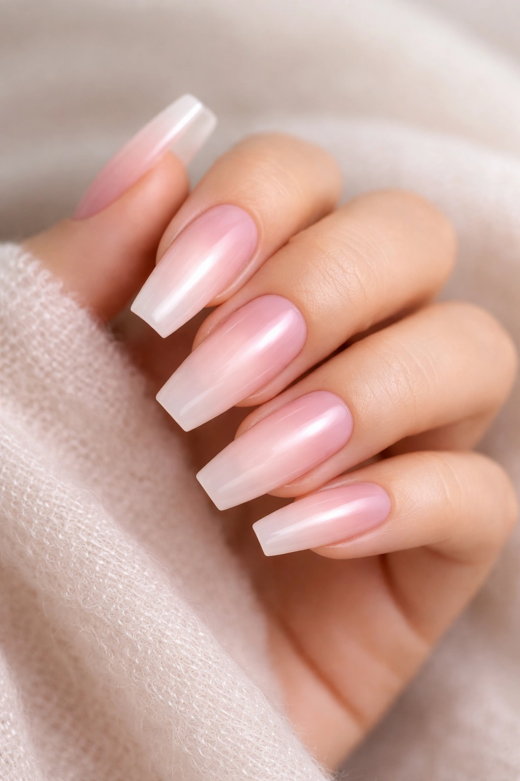 Coffin nails with sheer blush base and center glow