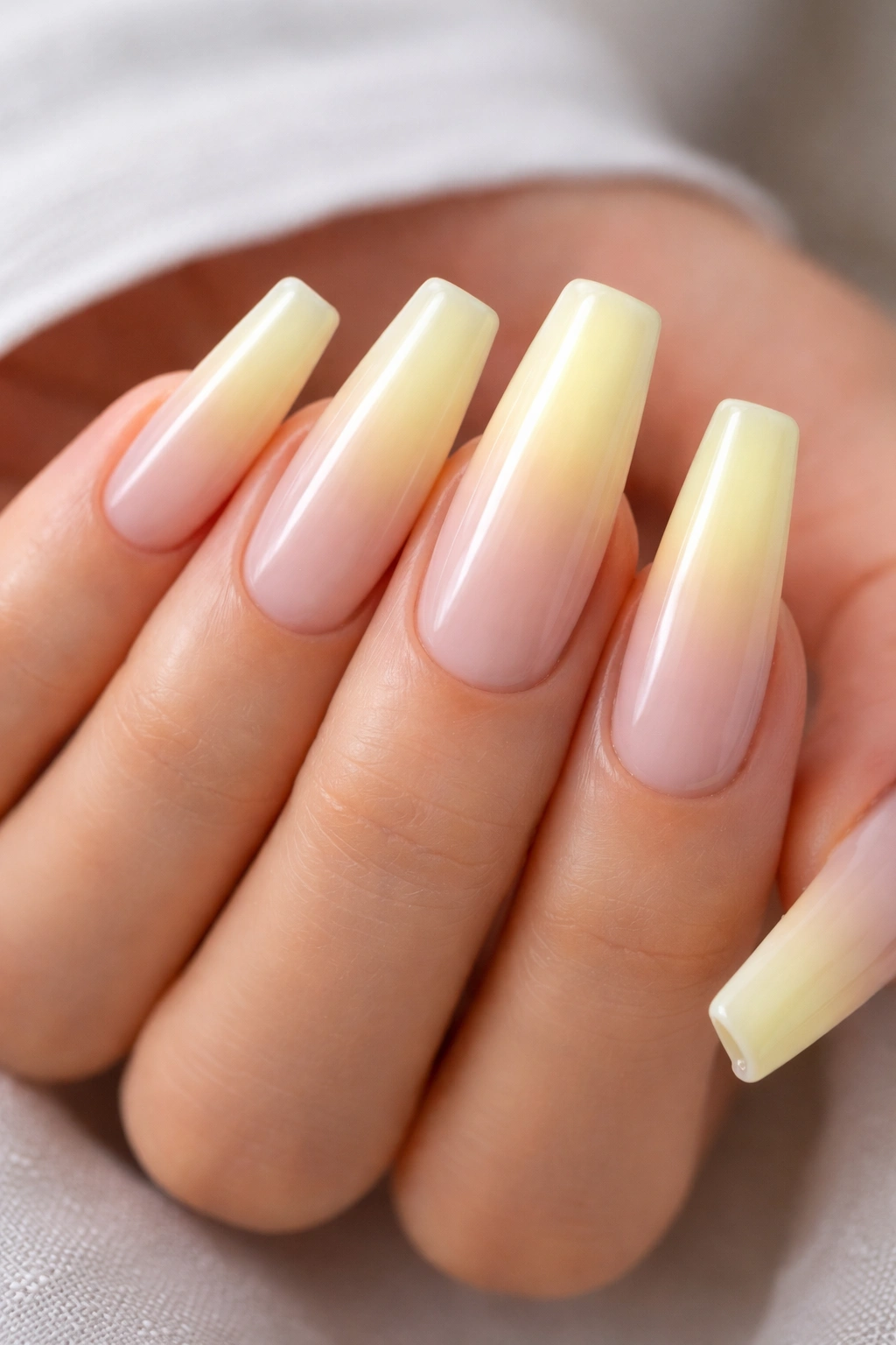 Close-up of pale yellow aura on coffin nails with milky base and soft glow