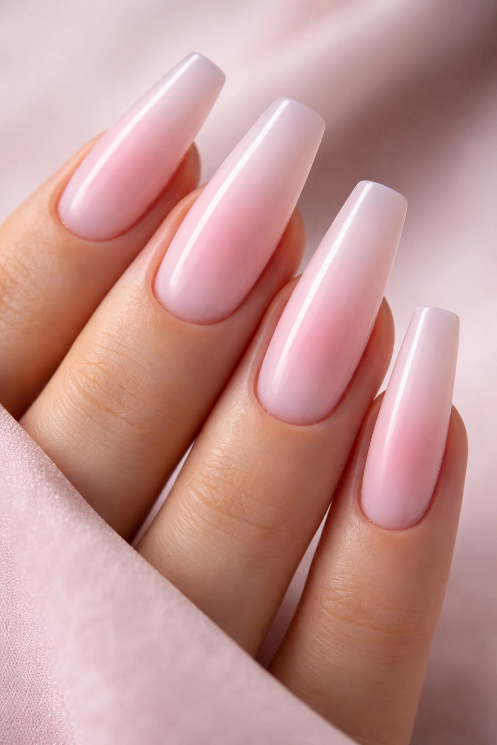 Close-up of coffin nails with a blurred blush center on a sheer pink base
