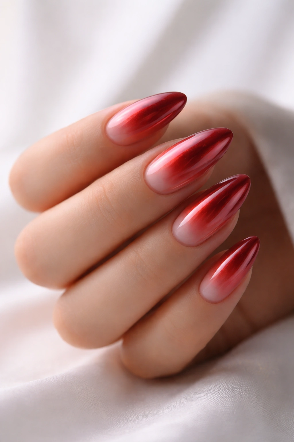 Almond nails with center-diffused aura red chrome and sheer edges.