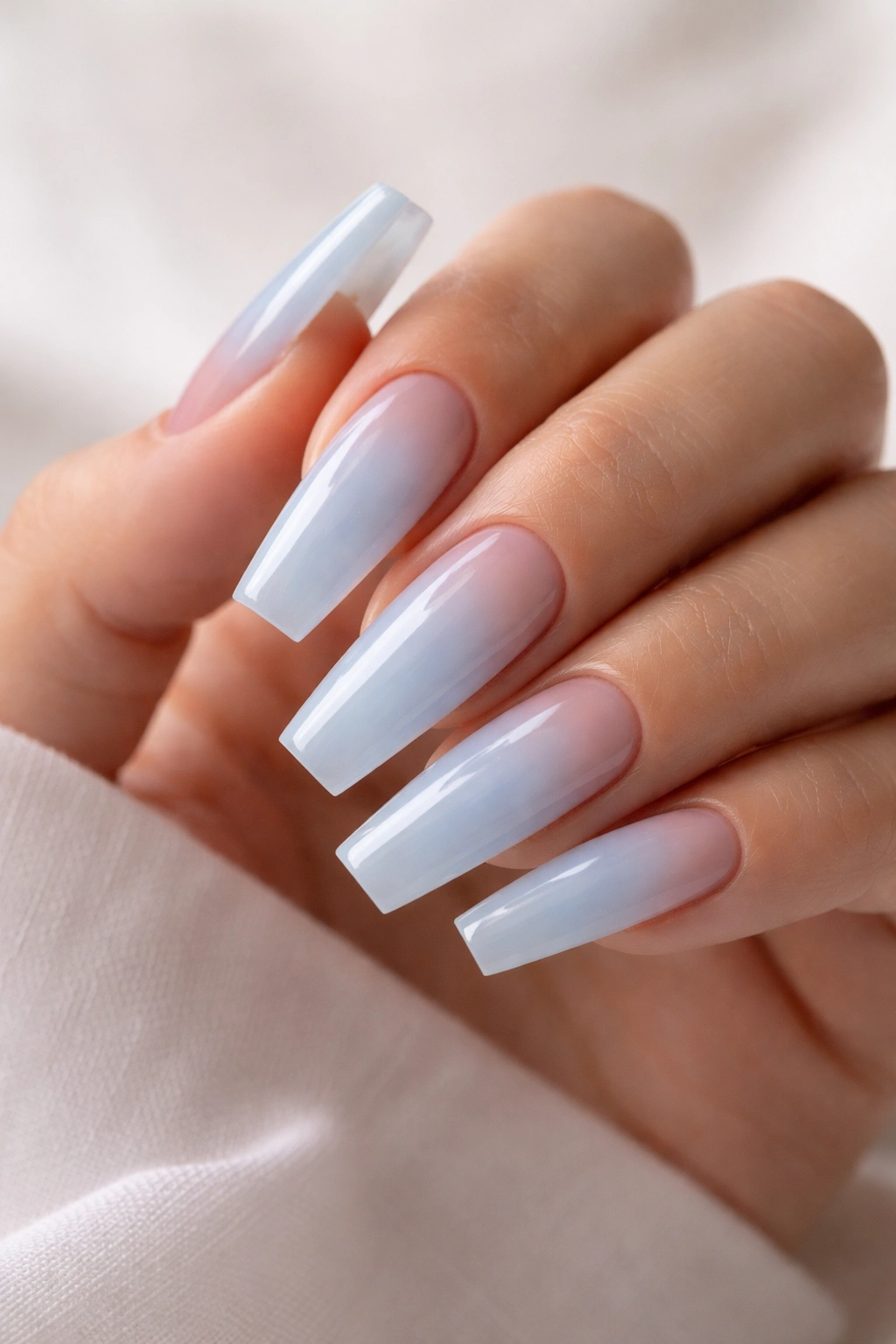 Coffin nails with sheer baby blue milk bath jelly base