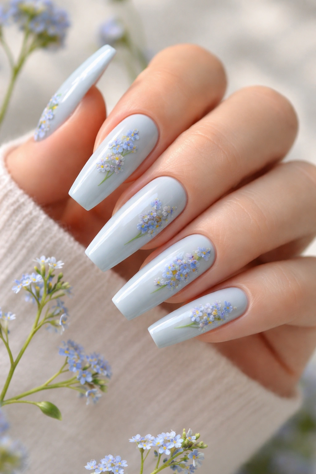 Close-up of baby blue coffin nails with off-center forget-me-not clusters.