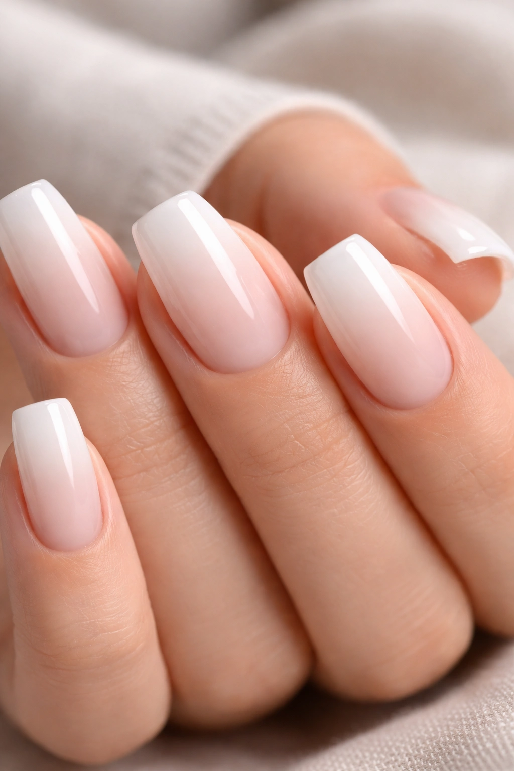 Close-up of short coffin nails with soft white baby boomer fade