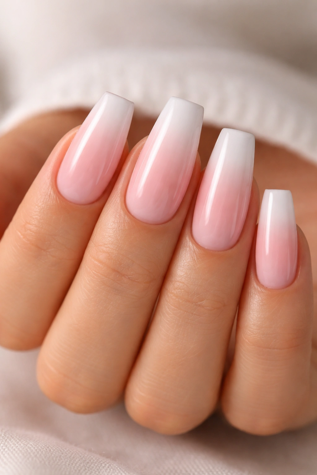 Close-up of baby boomer fade on light pink coffin nails