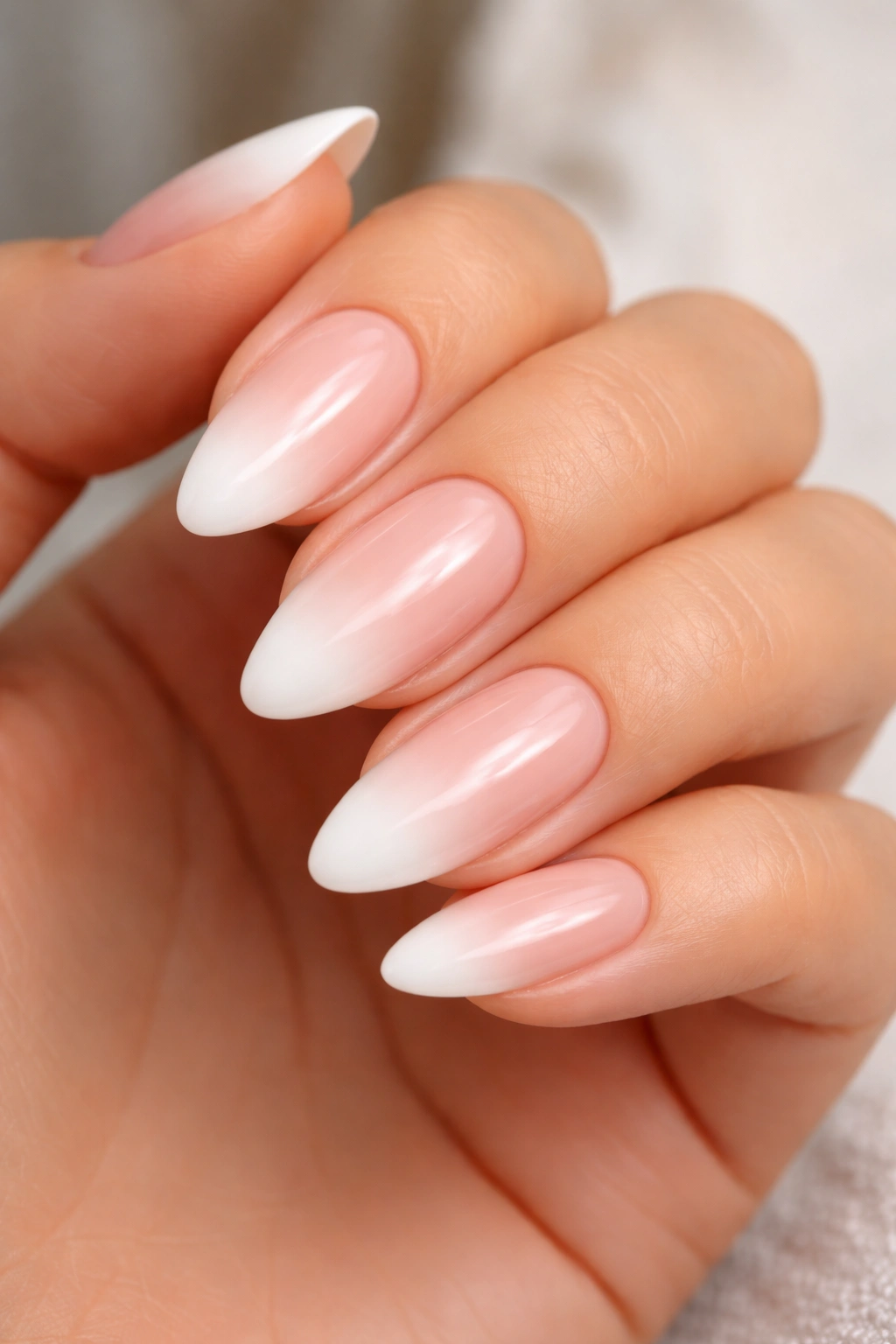 Almond nails with pink-nude to white ombre French manicure