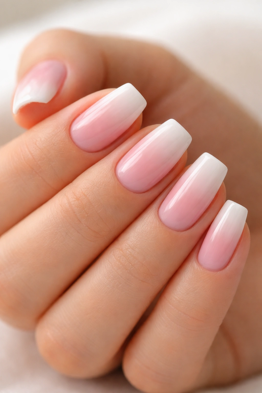 Short coffin nails with pink-to-white baby boomer ombré