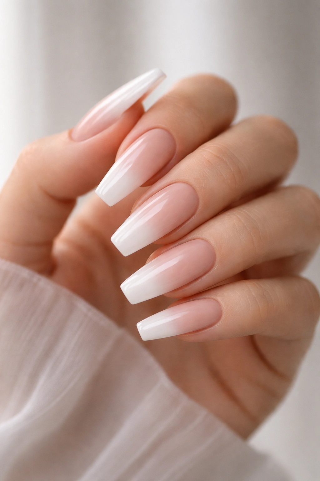 Close-up of baby boomer ombré fade coffin nails