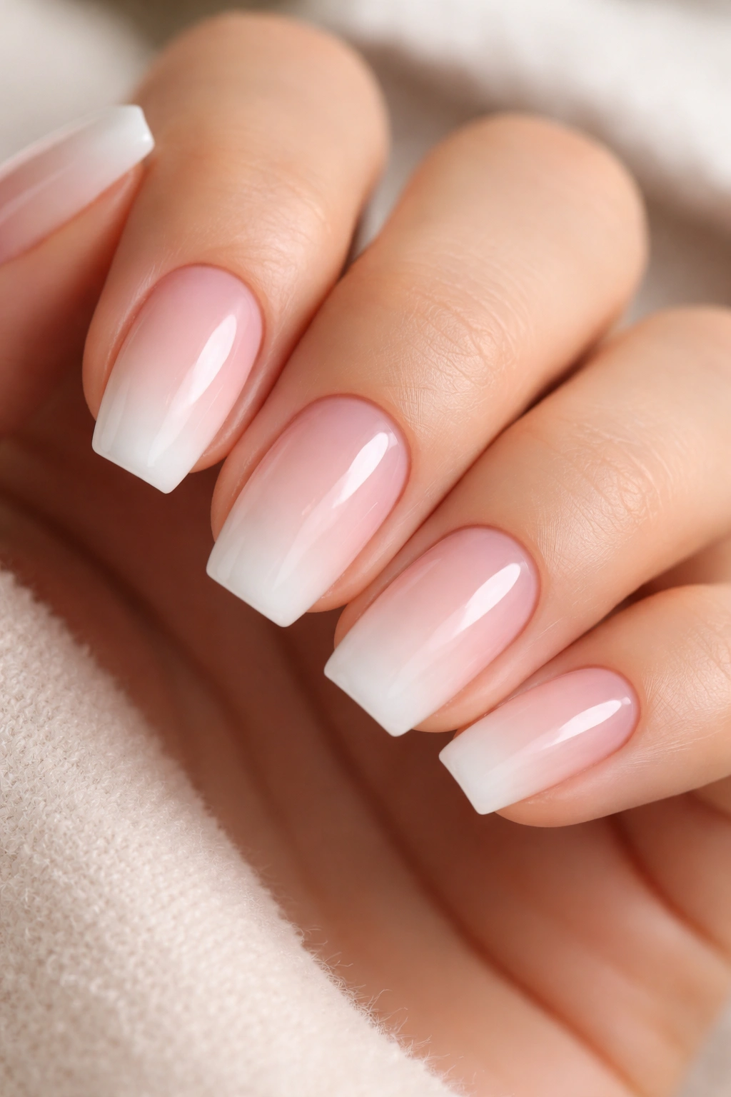 Soft pink to white baby boomer ombré on short coffin nails with glossy finish