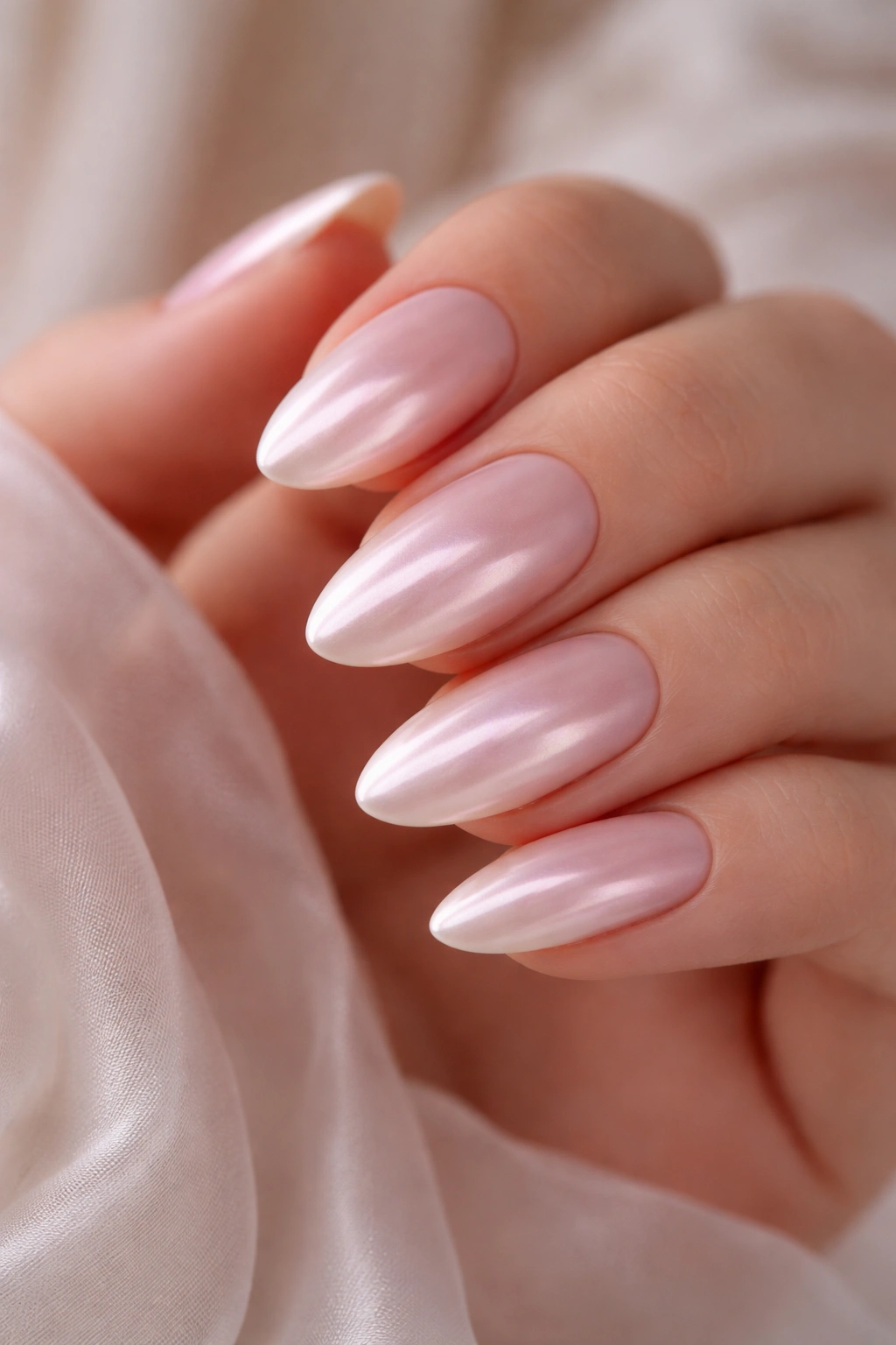 Close-up almond nails with pink to white fade and chrome sheen