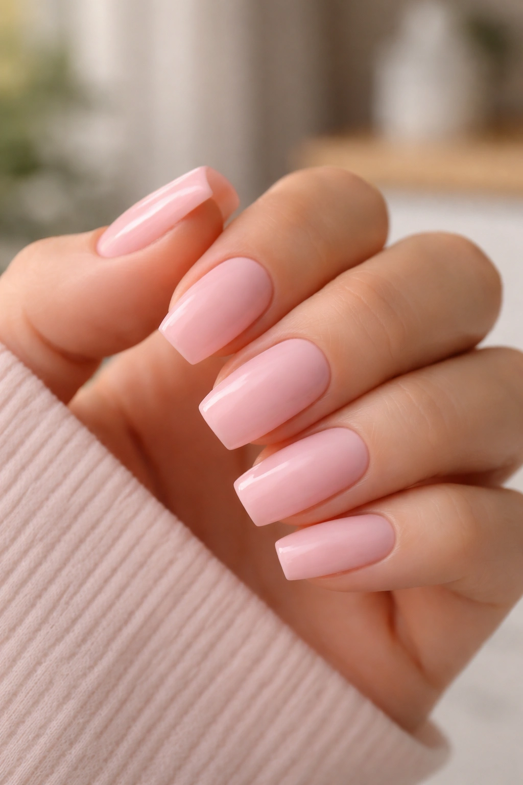 Close-up of short coffin nails in baby pink with peach undertone