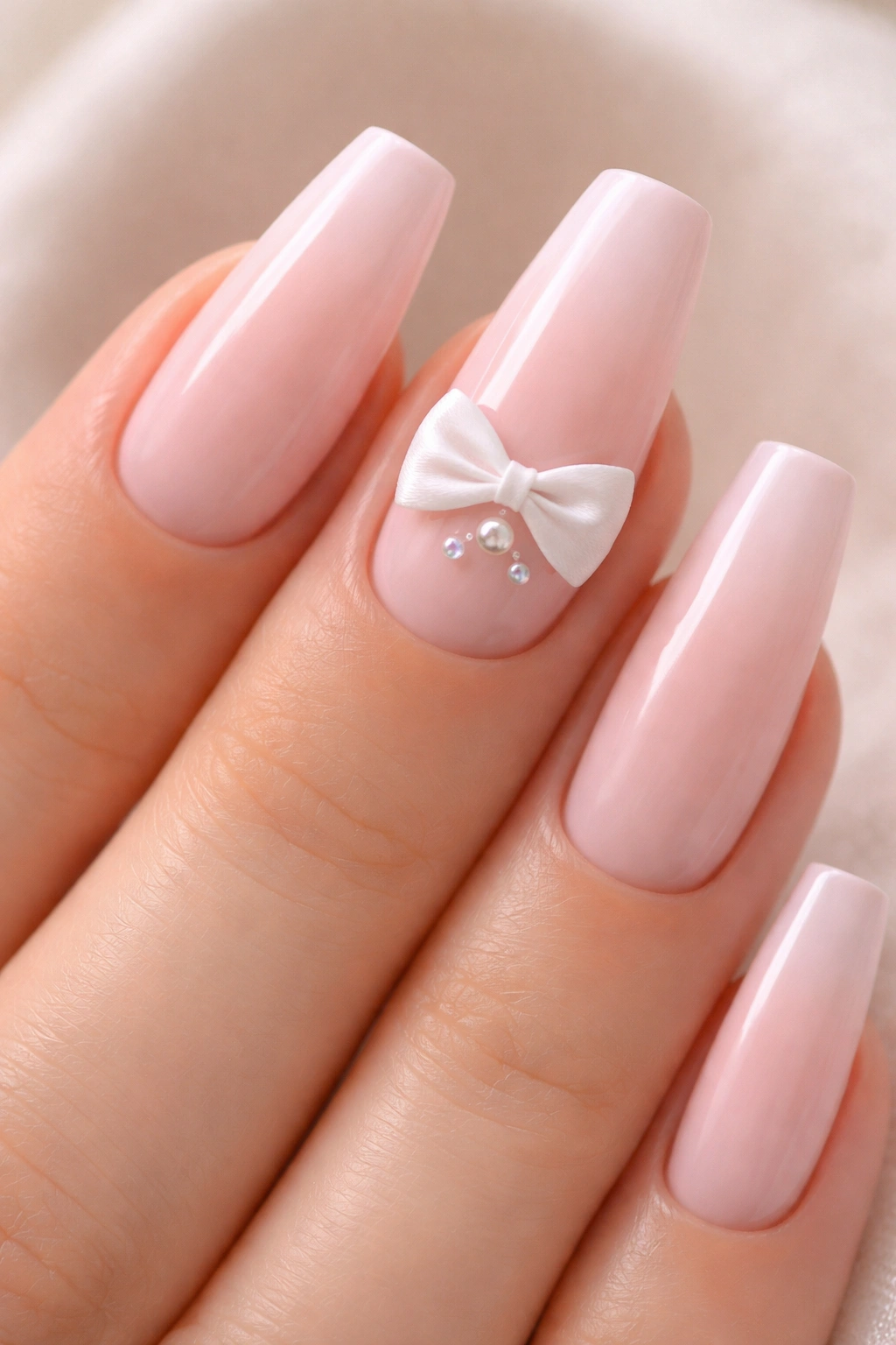 Close-up of baby pink coffin nails with a 3D bow and tiny pearls