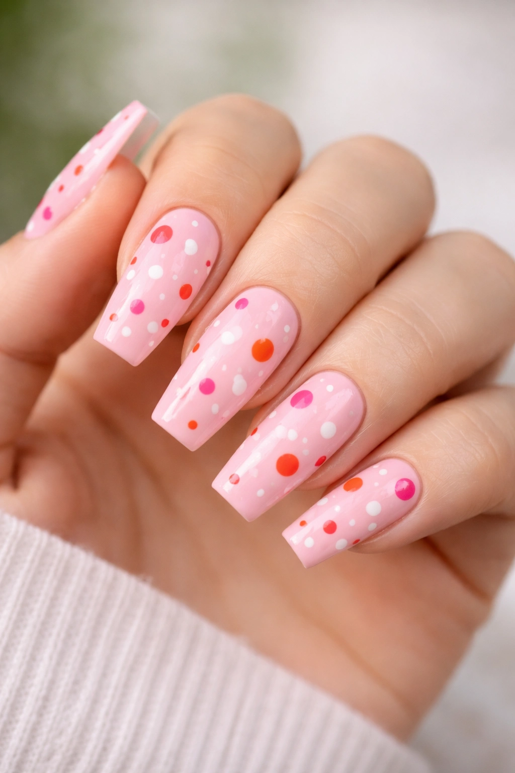 Close-up of baby pink coffin nails with irregular confetti dots in white, fuchsia, and orange-red.