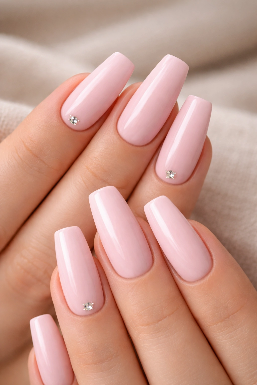Close-up of coffin nails in baby pink with a tiny crystal accent near the cuticle on each hand