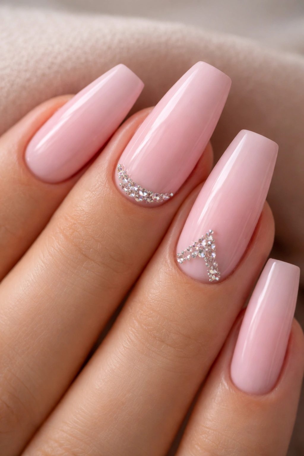 Close-up of baby pink coffin nails with tiny cuticle crystals on accent nails