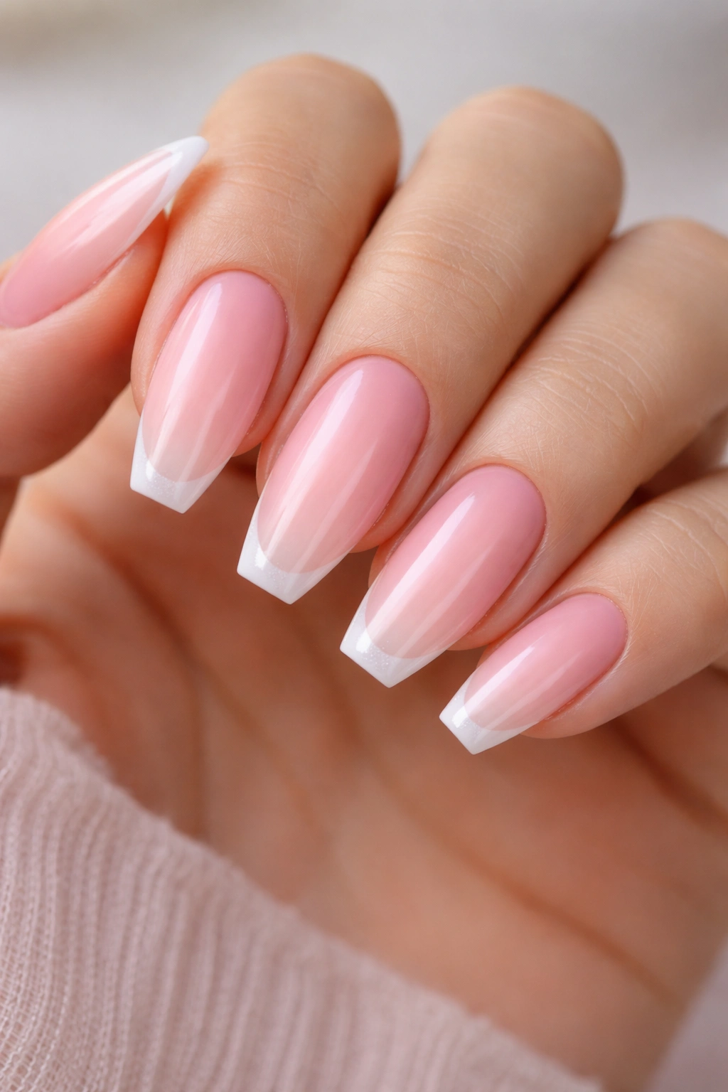 Baby pink ombré base with micro white tips on ballerina nails