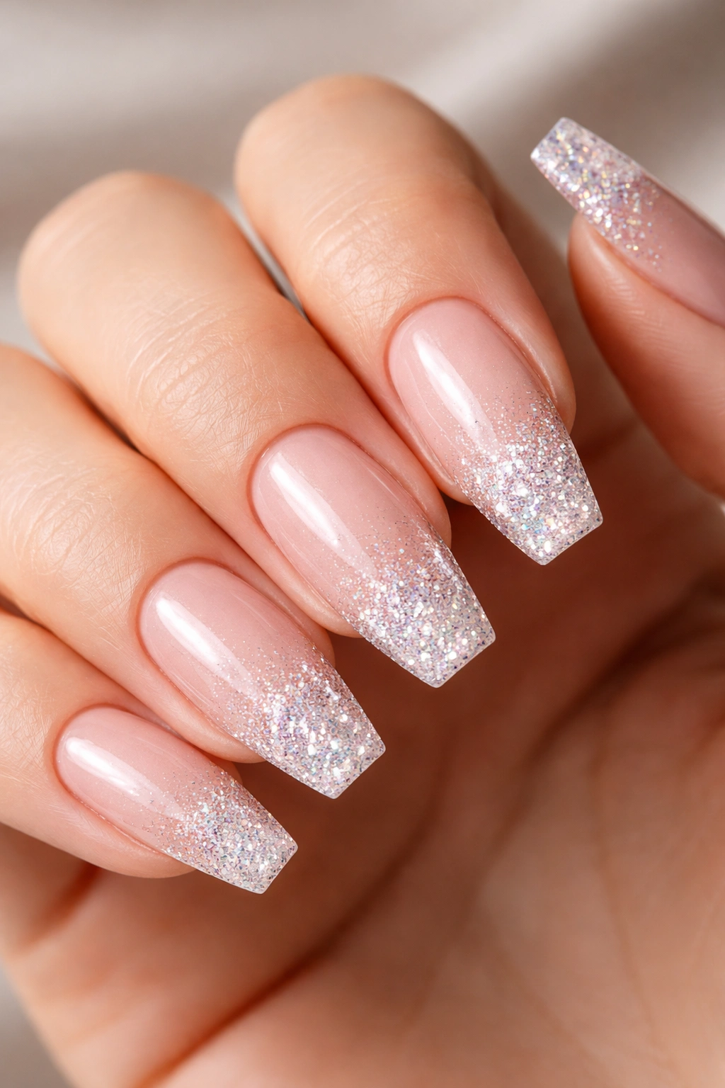 Macro close-up of ballerina nails with precise glitter placement on the tapered tip