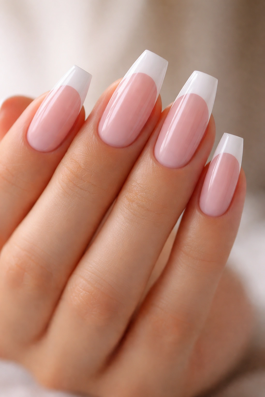Close-up of light pink ballerina nails with tapered sides and flat tips and white French tips