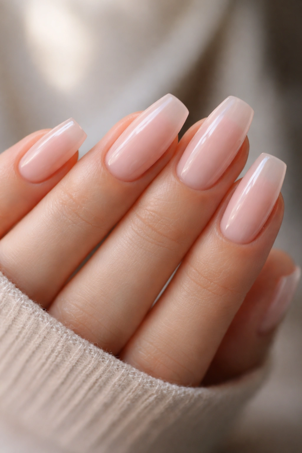 Close-up of sheer ballet pink short coffin nails with glassy top coat