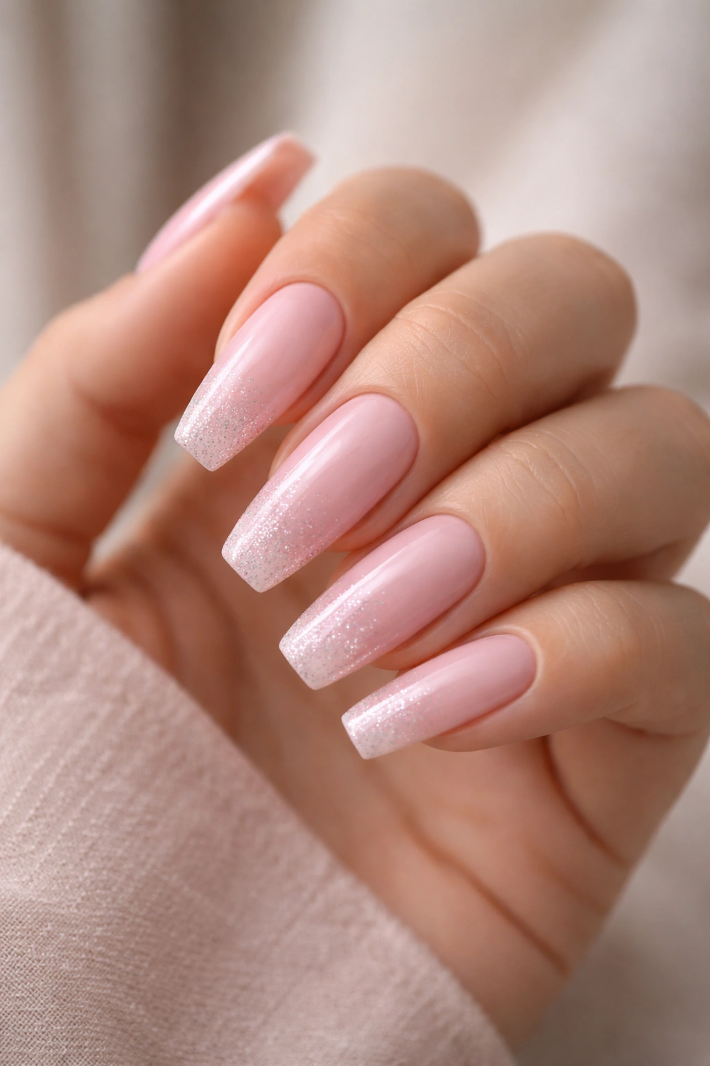 Ballet pink coffin nails with subtle silver micro glitter and a glossy finish.