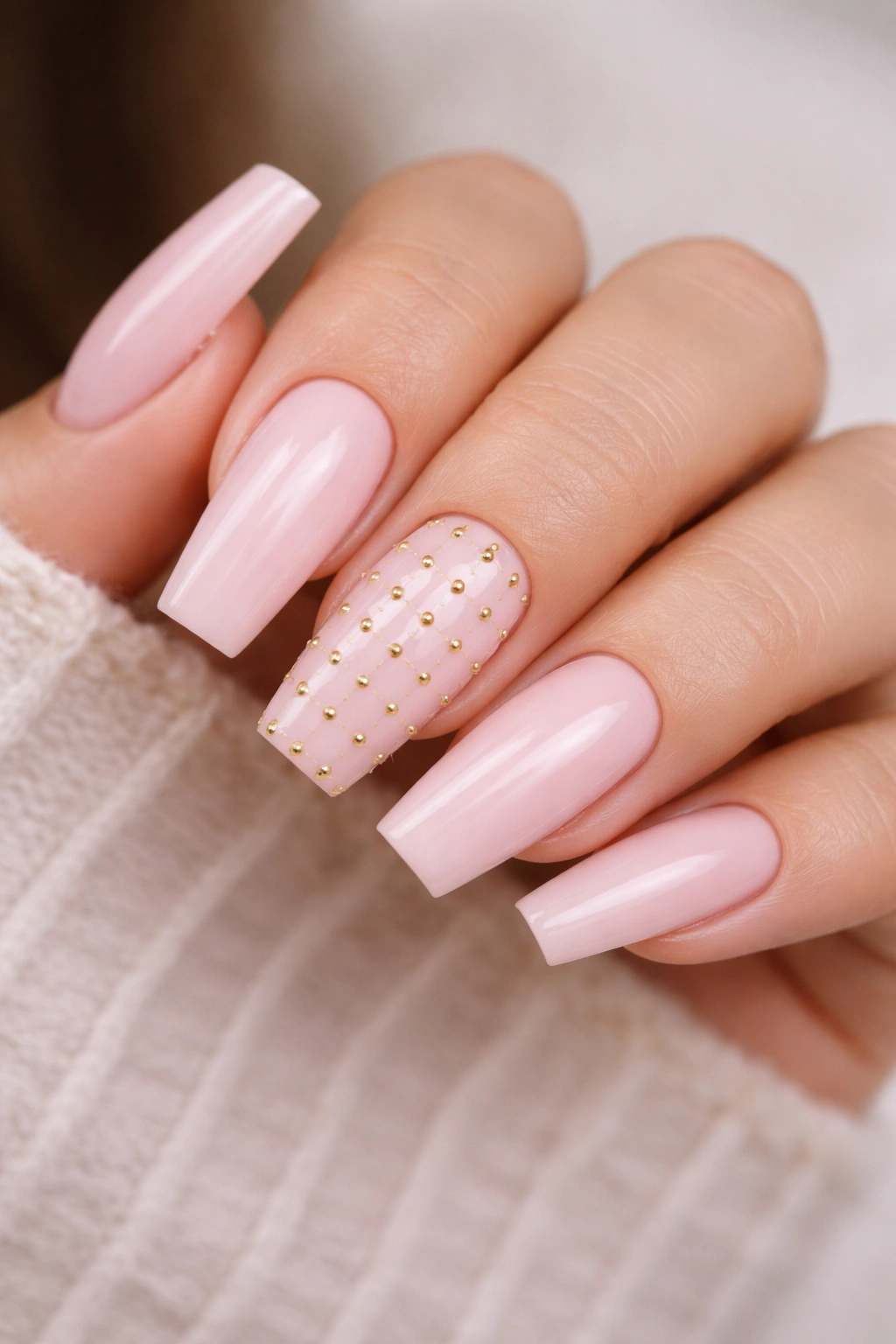 Ballet pink coffin nails with a small grid of gold studs on one nail