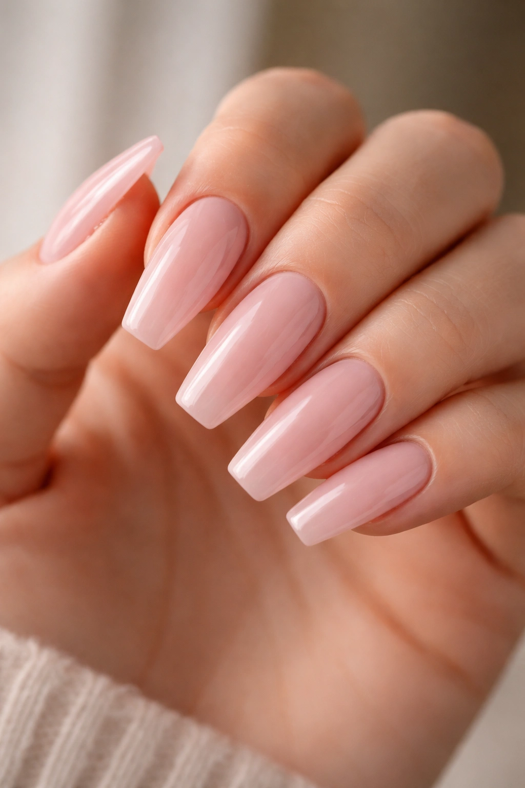 Ballet slipper pink coffin nails with semi-sheer cream finish on a hand.