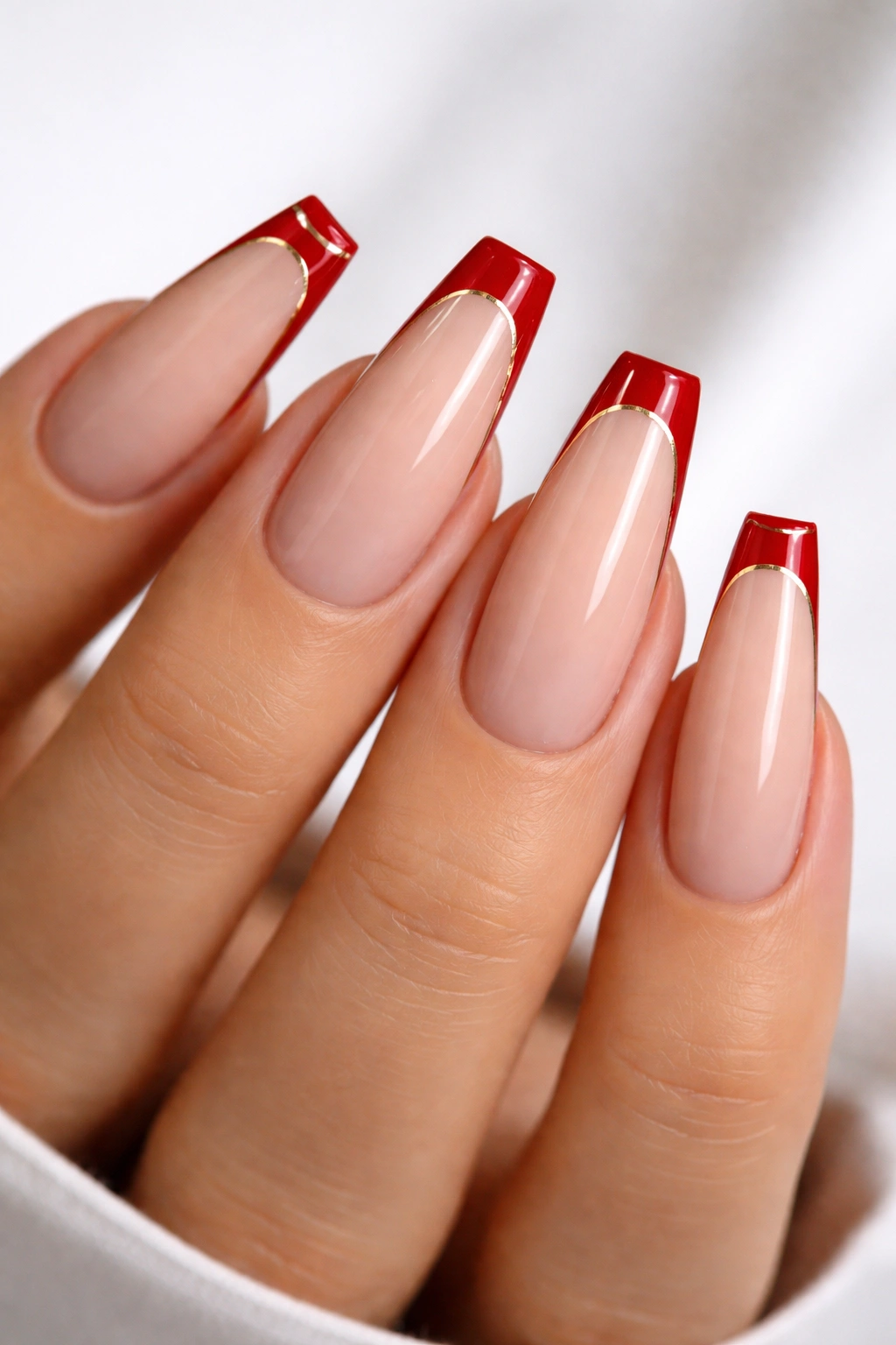 Nude base nails with red tips and thin gold outline on coffin shape