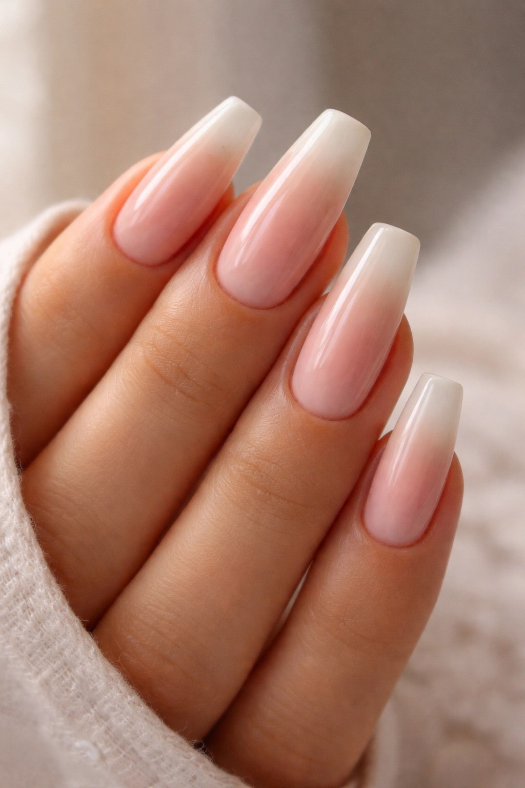 Bare blush to cream tip ombré on coffin nails
