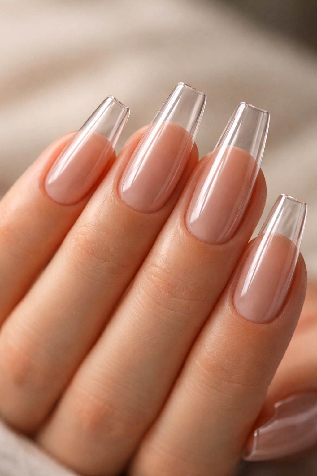 Bare clear coffin nails with high-gloss glass-like finish on a hand