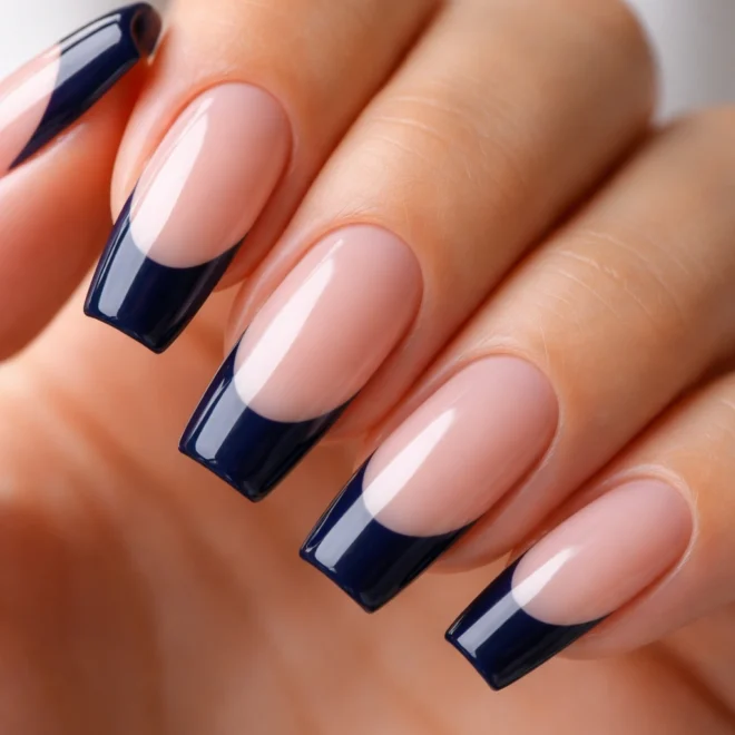 12 Navy Blue French Tip Coffin Nails