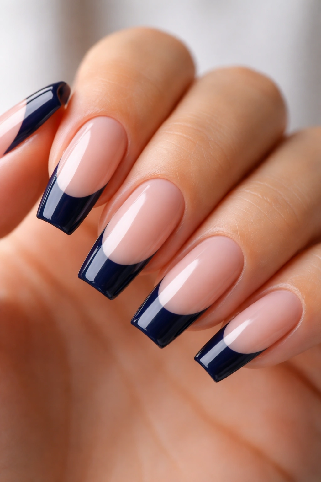 Close-up of coffin nails showing base color and tip width on a hand