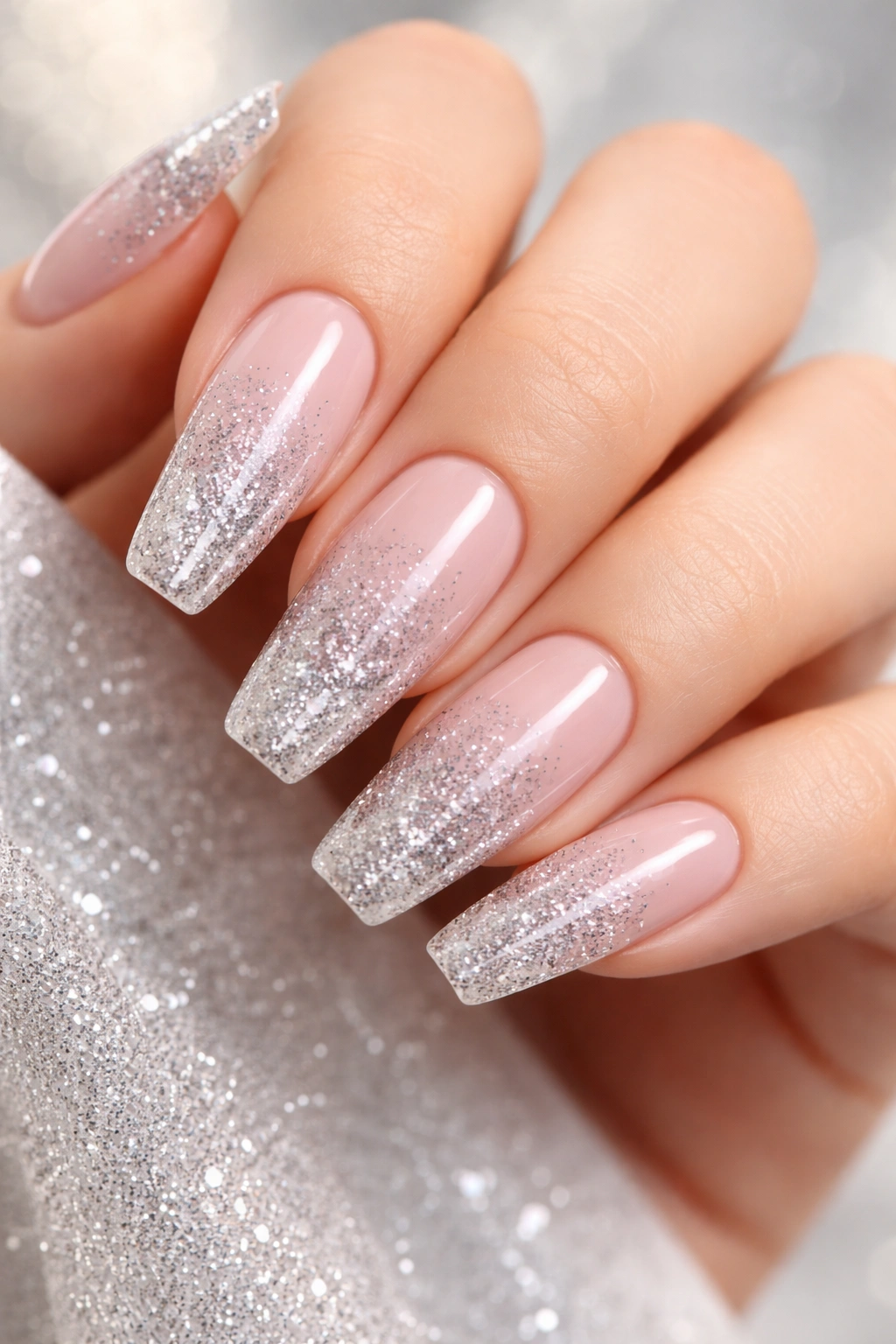 Close-up of ballerina nails with cool pink base and silver glitter in a cohesive palette