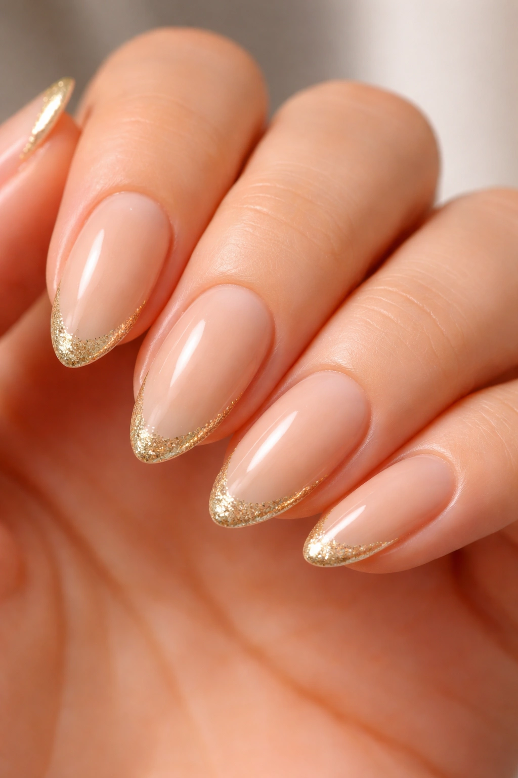 Almond nails beige base with gold glitter tips along the edge