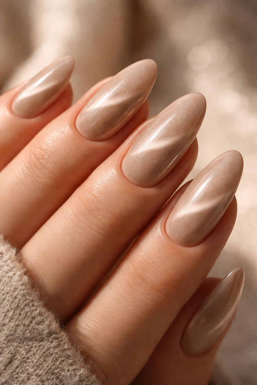 Almond nails with beige cat-eye shimmer