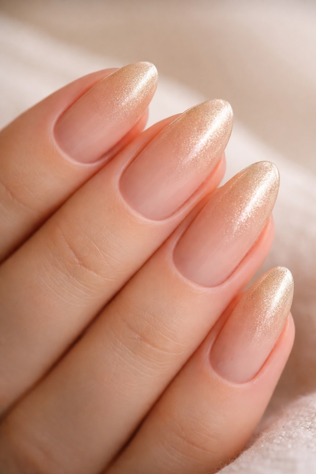 Almond nails beige to champagne glow with subtle shimmer