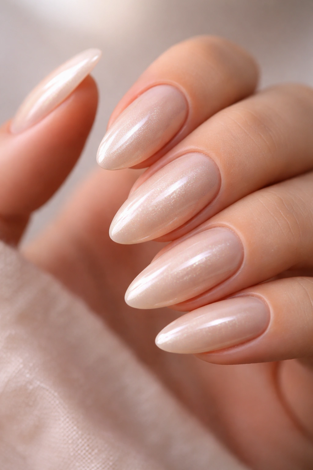 Close-up of beige almond nails with chrome glaze shimmer