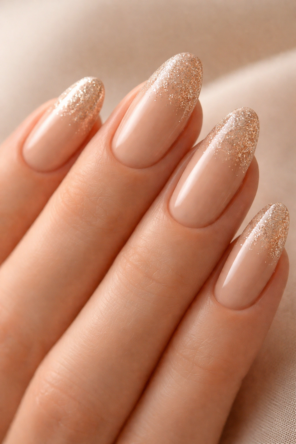 Close-up of beige almond nails with a glitter fade at the tips