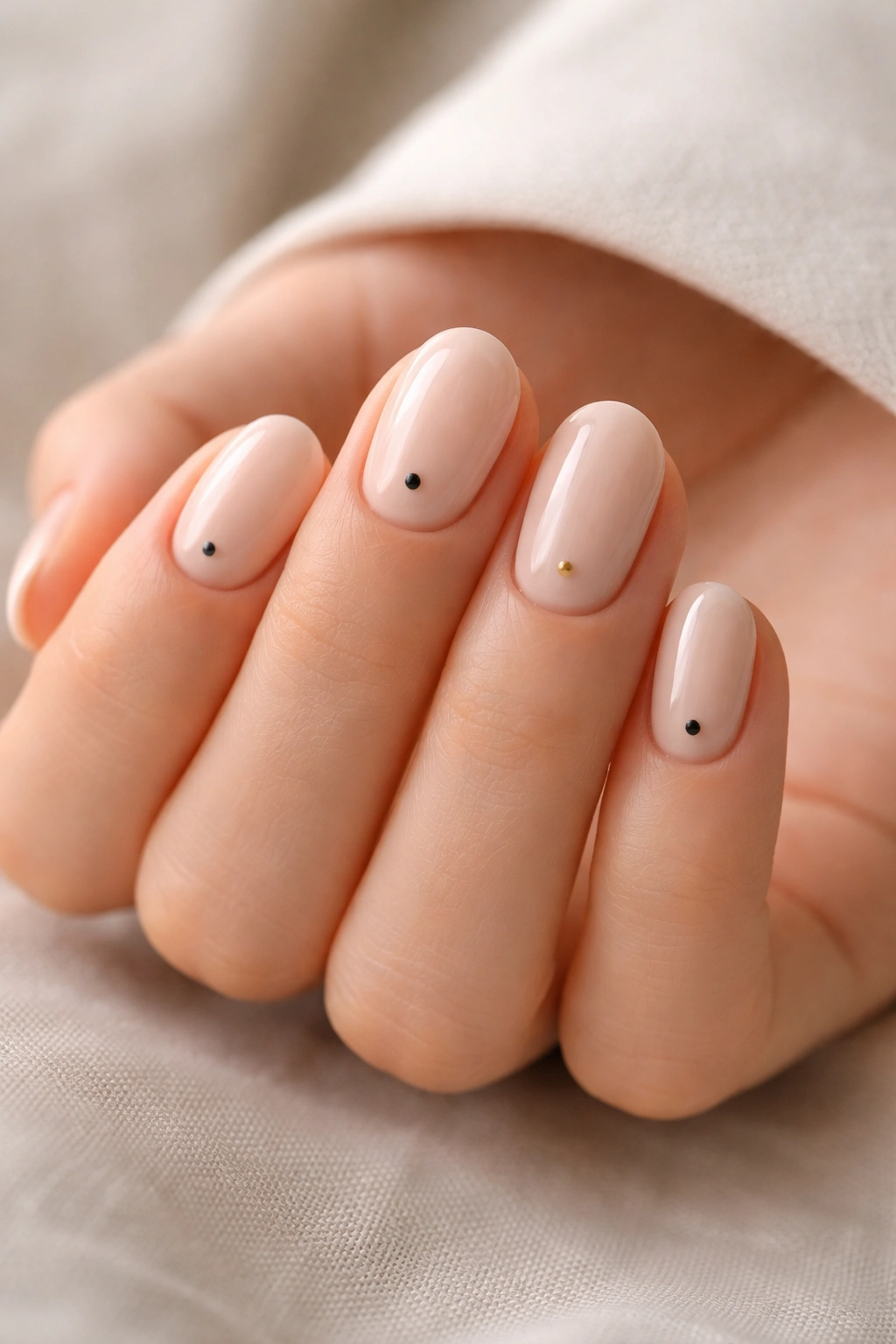 Close-up of beige short oval nails with tiny dots near the cuticle