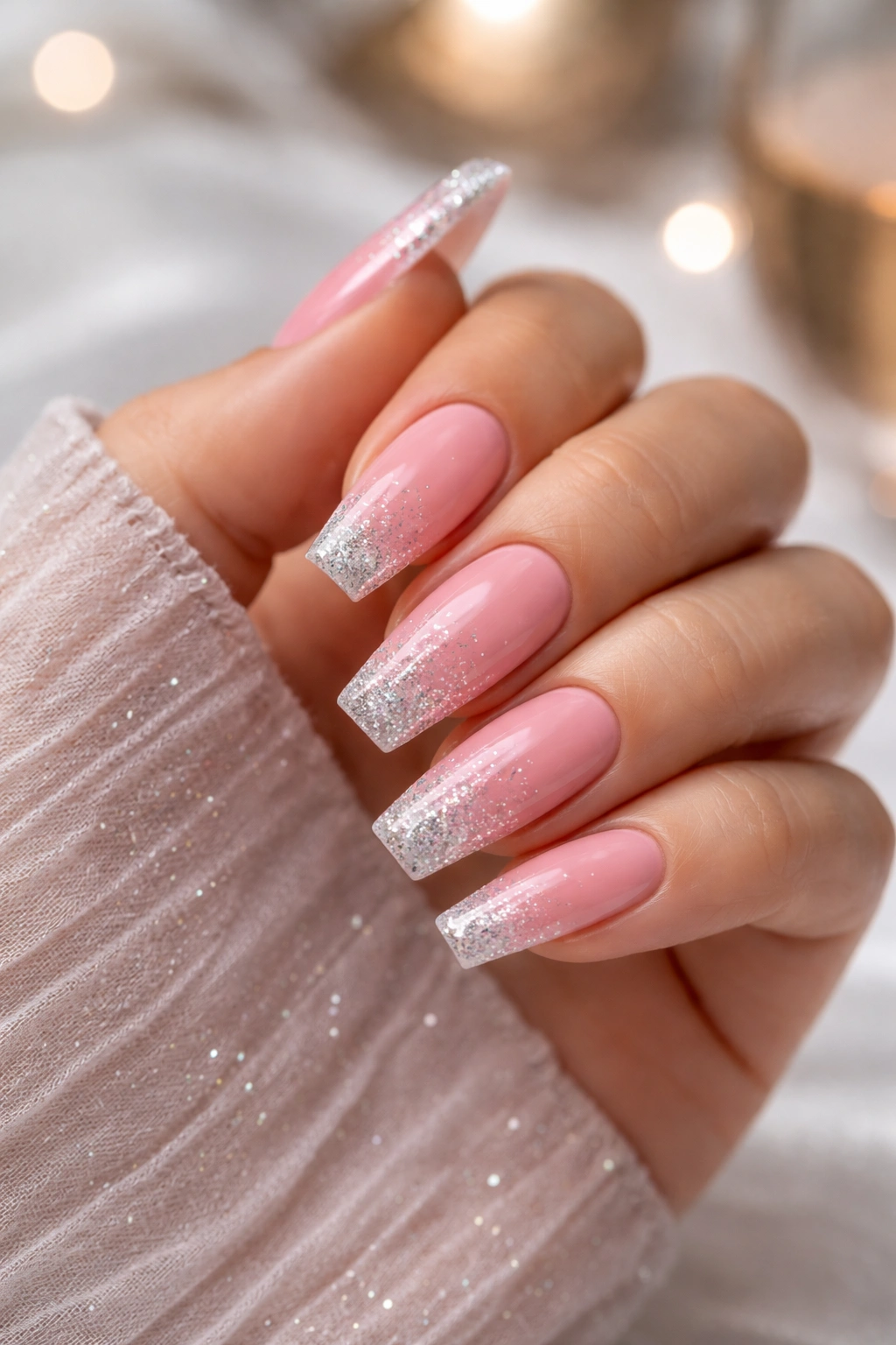 Close-up of a hand showing coffin-shaped birthday nails with pink glitter