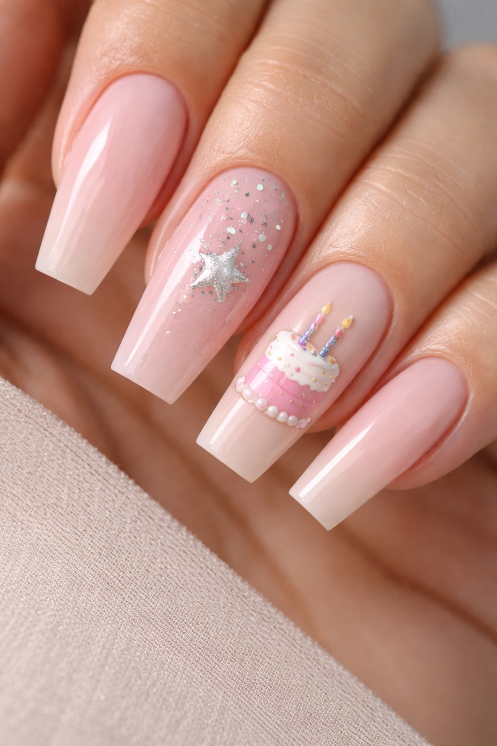 Close-up of birthday themed coffin nails with cake and stars